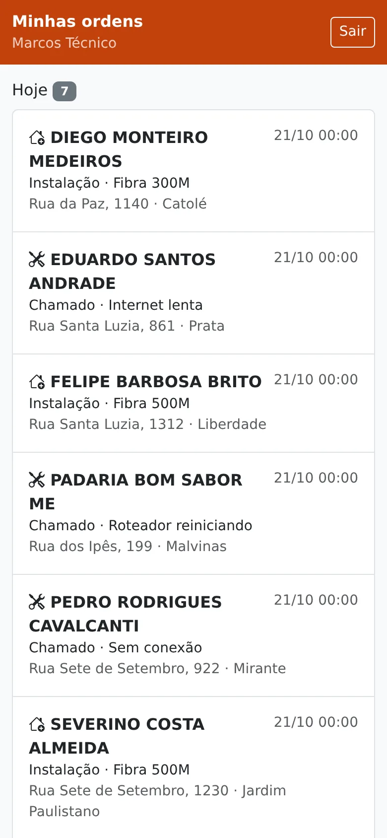 App do técnico no celular com as ordens do dia